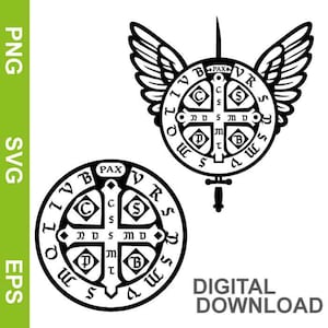 Puede incluir: Descarga digital en blanco y negro con dos cruces de San Benito. Una cruz es circular con un diseño de cruz central y la otra tiene alas y una espada. El texto "PAX" es visible en ambos diseños. La imagen también incluye el texto "DIGITAL DOWNLOAD".