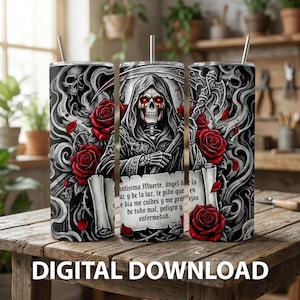 Puede incluir: Tres vasos de acero inoxidable con un diseño de la Muerte en blanco y negro, rosas rojas y el texto "DIGITAL DOWNLOAD". Cada vaso tiene una pajita plateada. El diseño incluye una calavera, una guadaña y un pergamino.