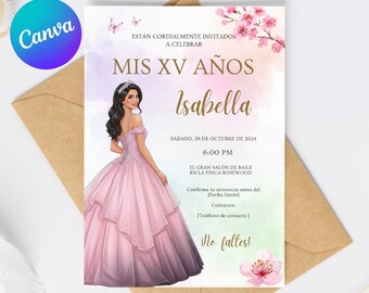 Plantilla de Invitación para Quinceañera, mis XV años, tarjeta electrónica de cumpleaños editable, Tarjeta de cumpleaños, invitación Canva