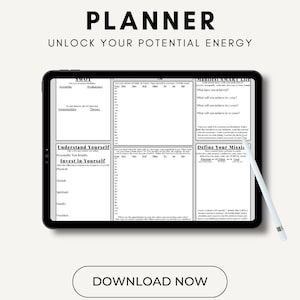 May include: A digital planner displayed on a tablet screen with the title "Digital Life Planner: Unlock Your Potential Energy". The planner features sections for SWOT analysis, understanding yourself, investing in yourself, defining your mission, and setting goals.