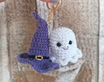 Gehaakte Amigurumi Ghost, 3D gehaakte heksenhoed sleutelhanger, Halloween geschenken