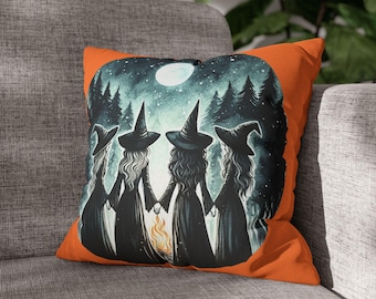 魔女の姉妹のクッションカバー、ハロウィンゴシック装飾、満月の森の魔女のクッション、魔女のクッションカバー、ハロウィンのクッションカバー