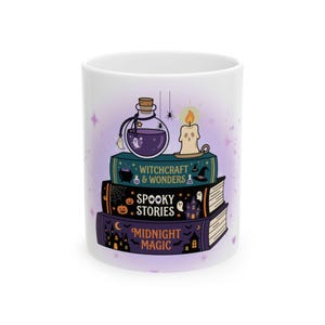 Stacked Witchcraft Books Mug | Midnight Magic Spooky Stories Ceramic Mug