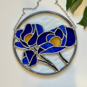 Poppy flowers stained glass suncatcher for window, blue poppy flower wall decor, nature lover hanging indoor ornament, glass garden decor