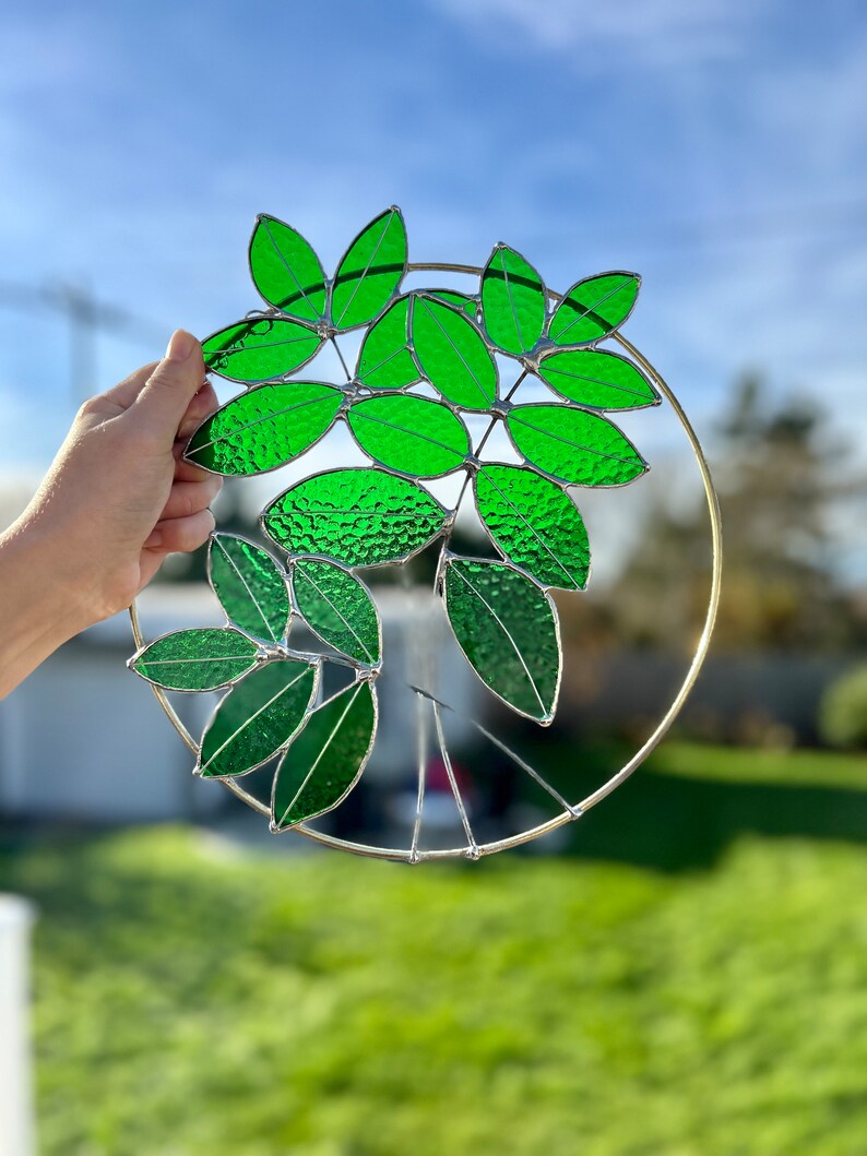 Stained Glass Leaves Suncatcher for Window, Round Indoor or Outdoor
