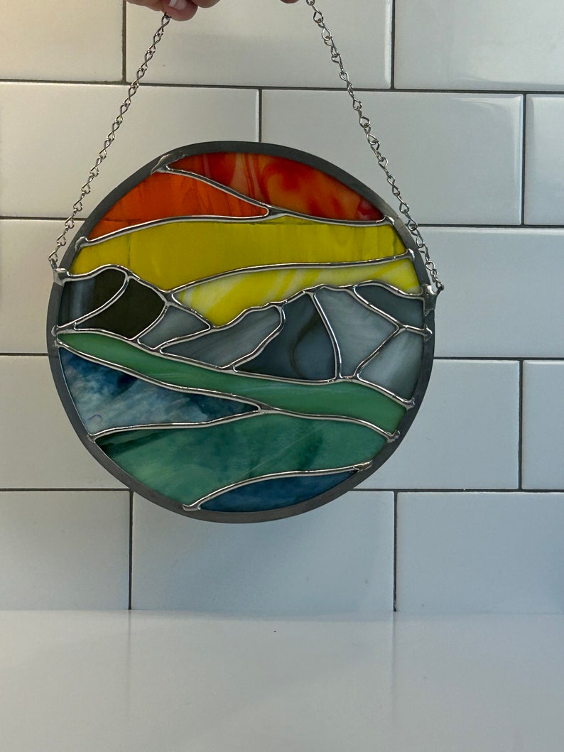 Stained Glass Sunset Mountain Panel, Mountain Window Hanging, Wall