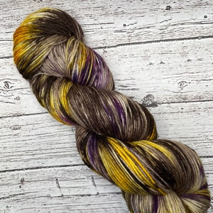 Hand Dyed Superwash Merino Wool Yarn: Lilac Branches, Purple Brown Gold