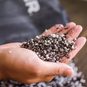 Pode incluir: Uma mão segurando uma mistura de terra para vasos marrom escuro e perlita branca. O solo é composto por pequenas partículas e pedaços maiores. O fundo está desfocado, com um saco cinza escuro e uma superfície de madeira.