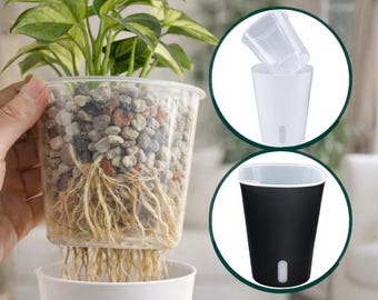 Maceta de autorriego con depósito transparente, semihidropónica, para plantas de interior, ventilada y reciclable (negro y blanco)