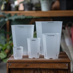 Op de afbeelding: Een verzameling van vijf doorschijnende plastic plantenpotten van verschillende formaten, gerangschikt op een houten oppervlak. Elke pot heeft een vierkante basis en een licht taps toelopend ontwerp. De tekst "PLANTSCRAPER" staat op elke pot.