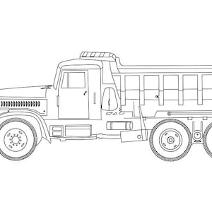 Peut inclure: Un dessin au trait noir et blanc représentant un camion-benne lourd vu de profil. Le véhicule présente une grande cabine, une longue benne de chargement avec des panneaux latéraux verticaux et trois essieux avec des roues détaillées.