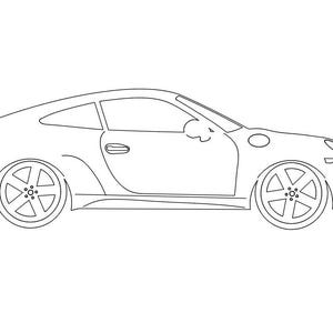 Op de afbeelding: Een zwart-witte lijntekening van een sportwagen in zijaanzicht. De illustratie toont een gestroomlijnde coupé-carrosserie met een afgeronde daklijn, vijfspaaks wielen, een zijspiegel en een opvallende achterspoiler in eenvoudige contouren.