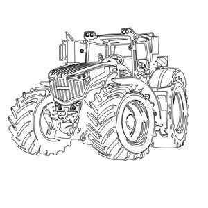 Könnte beinhalten: Schwarz-Weiß-Strichzeichnung eines modernen Traktors. Die Zeichnung zeigt große, profilierte Reifen, eine Kabine mit Lenkrad und Scheinwerfern sowie detaillierte mechanische Elemente.