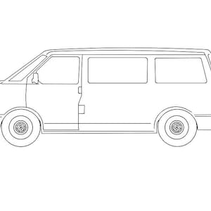 Könnte beinhalten: Eine schwarz-weiße Strichzeichnung eines Volkswagen-Vans in der Seitenansicht. Die Illustration zeigt das ikonische kreisförmige Volkswagen-Logo in der Mitte beider Räder, klare Fensterumrisse und einen einfachen Karosserierahmen.