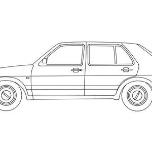 May include: A black and white line drawing of a hatchback car shown from a side profile view. The vehicle features a boxy silhouette, four doors, two circular wheels with hubcaps, door handles, and rectangular windows outlined in thin black lines.