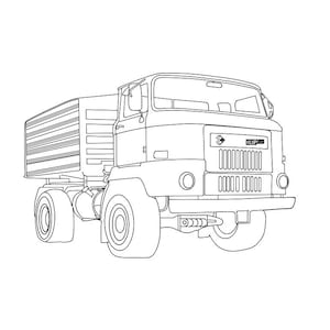 Peut inclure: Un dessin au trait noir et blanc représentant un camion benne robuste. Le véhicule présente une grande benne de chargement, une calandre à lamelles verticales, des phares ronds, des rétroviseurs et des pneus épais. Un logo et du texte.