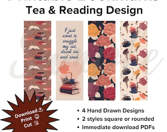 Reading & Tea Digital Printable Bookmarks / Book Lover / Digital / Printable / Bookmarks /Books / Tea / Tea Party / Cat / Roses / Reader