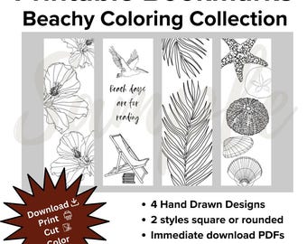 Beachy Printable Coloring Page Bookmarks / Book Lover / Digital / Printable / Bookmarks /Books / Coloring / beach / ocean / tropical /Reader