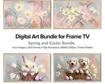 Frame TV Spring and Easter Digital Art Bundle | Four Pastel High Res Art Files | Tulips  | Apple Blossom | Bunny | Easter | Puppies | Spring