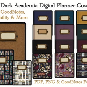 May include: Fifteen digital planner covers in a dark academia theme. The covers feature various patterns including bookshelves, portraits, and vintage furniture. The text "15 Dark Academia Digital Planner Covers" and "For GoodNotes, Notability & More" is at the top of the image. The text "PDF, PNG & GoodNotes Format" is at the bottom of the image.
