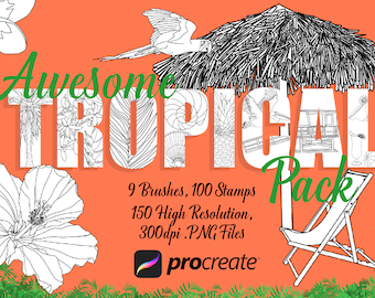 Awesome Tropical Pack | Procreate Brushes and Stamps | Digital Download | Hand Drawn Elements | Tropical Plants | Flowers | Birds