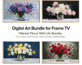 Frame TV Vibrant Floral Still Life | Four l Digital Download Art Files | Hydrangeas | Peonies | Tulips | Roses | Acrylic flowers in a vase