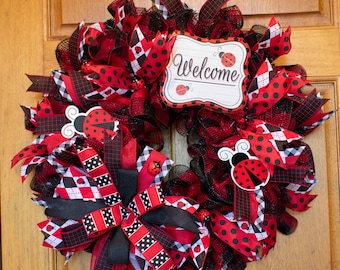 Cute LadyBug Welcome Wreath | Front Door Decor | Front Door Wreath | Door Decor | Door Hanger | Year Round Wreath | Front Door Sign