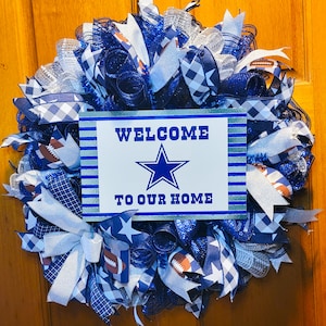 Blue and White Cowboys Inspired Wreath, Football Wreath, Sports Themed Wreath, Team Decor, Sports Door Decor, Wreath, Deco Mesh, Door Hanger