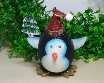 Glitter Penguin Ornament with Tree and Santa Hat