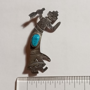 Vintage Navajo Yei Dancer Man Silver Pin with Turquoise