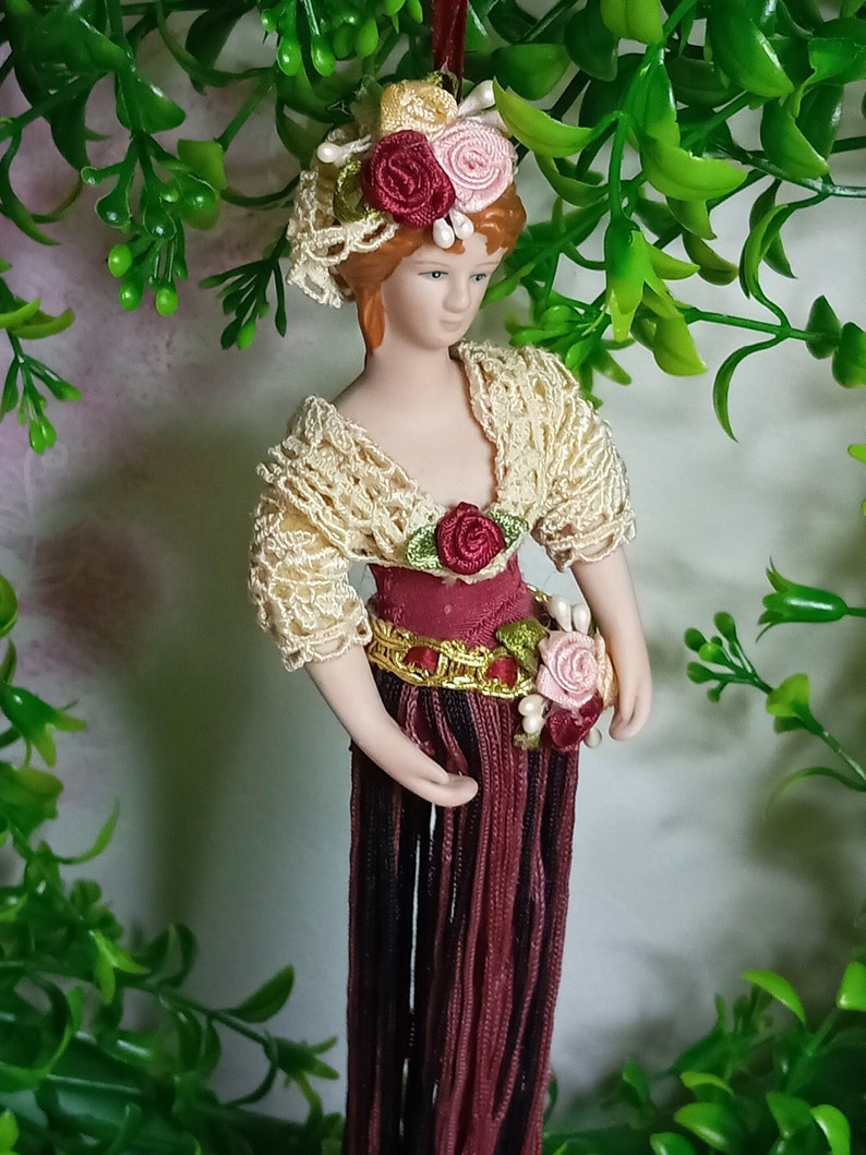 Vintage Porcelain Victorian Lady Tassel Doll Ornament image 1