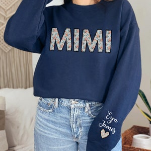 Personalized Floral Mimi Crewneck Sweatshirt Gift for Grandma Nana Sweatshirt with Grandkids Name on Sleeve Custom Floral Grandma Sweatshirt