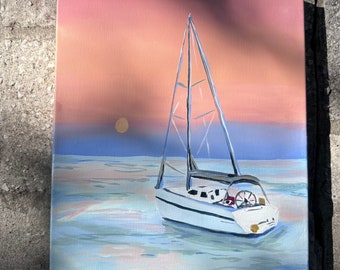 Sunset Sailboat Painting on canvas, Coastal Art for Beach House, Beach Art, Sailboat Art, Colorful Coastal Art, Gulf Coast Art, Wall Art