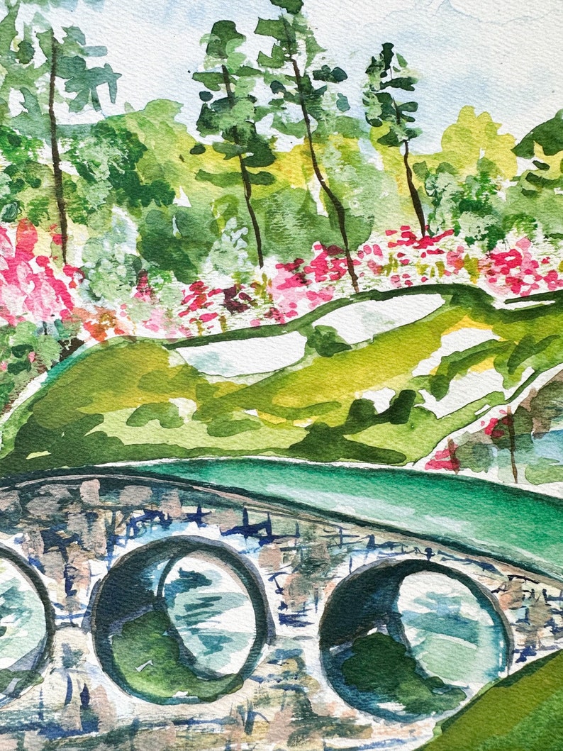 May include: Watercolor painting of a stone bridge with three arches over a green grassy area. The bridge is painted in shades of green, brown, and gray. The grassy area is painted in shades of green and yellow. There are trees in the background, painted in shades of green and blue.