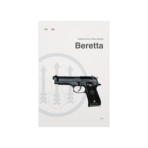 May include: A black Beretta pistol with a silver barrel and a black grip. The pistol is in front of a white background with a gray logo of three arrows pointing upwards. The text "Fabbrica d'Armi Pietro Beretta" and "Beretta" are printed in black above the pistol.