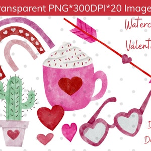 Clipart de acuarela de San Valentín, Estilo caprichoso, Tarjetas de San Valentín para niños DIY, Uso comercial, PNG Imágenes prediseñadas de San Valentín, Fondo transparente