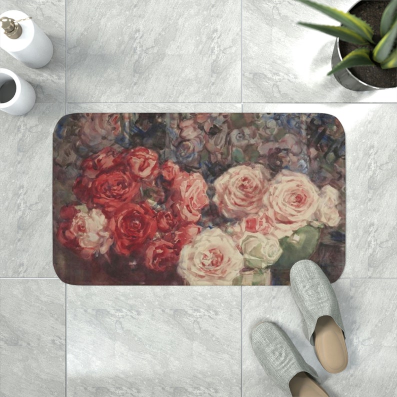 Memory Foam Bath Mat. Roses Fine Art by Margaret Stoddart. Bath Rugs