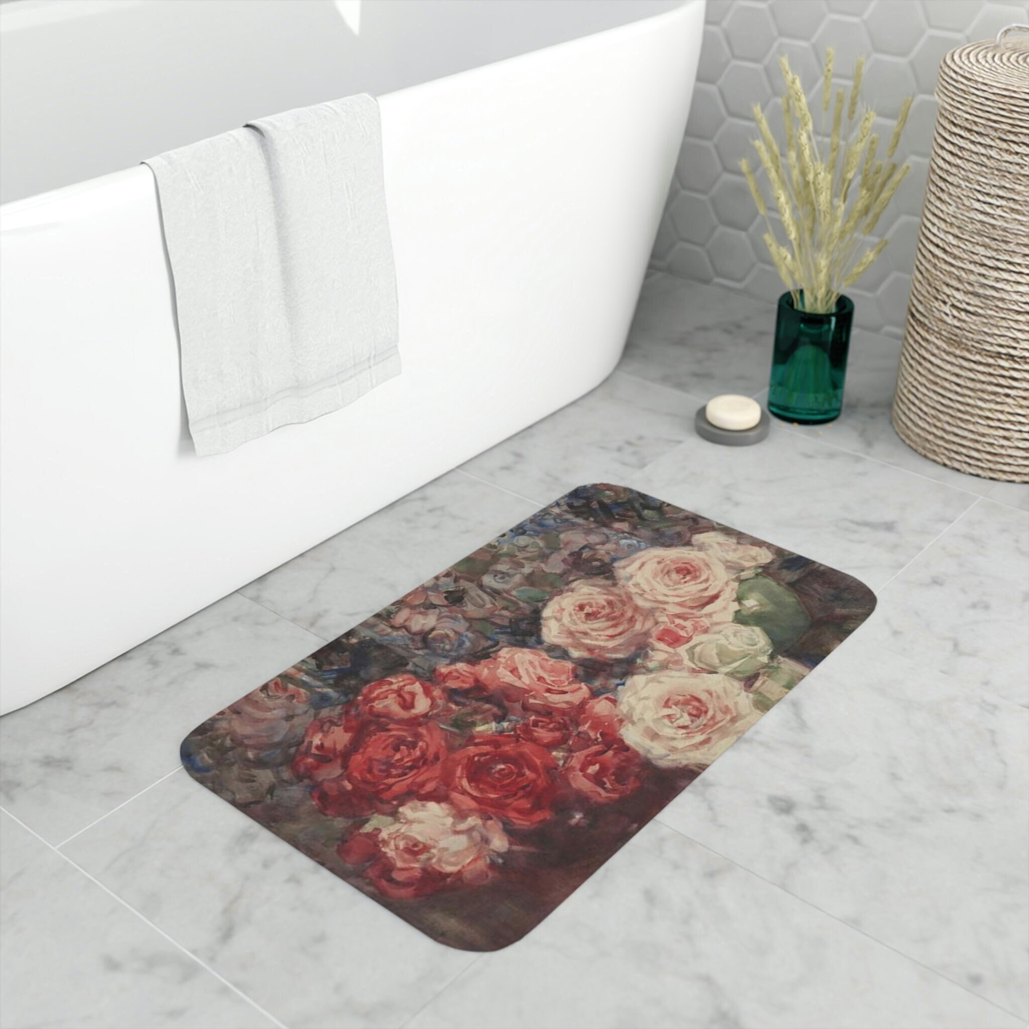 Red Love Rose Flower Pattern Bath Rugs Absorbent Non Slip Door Ma