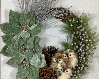 Nestled Owls Green Poinsettia Christmas Wreath, Green and Silver Themed Christmas Wreath, Wreath with Green Poinsettias and Owls