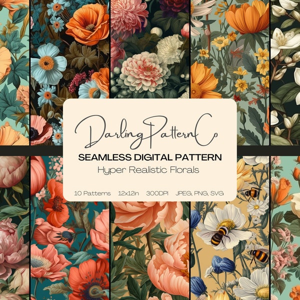 Hyper Realistic Floral Digital Seamless Pattern, Realistic Floral Pattern, Realistic Floral Digital Patter, Floral Scrapbook, Floral Pattern