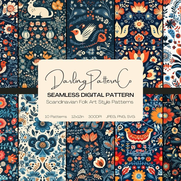 Scandinavian Folk Art Style Patterns, Folk Art Pattern, Scandi Digital Pattern, folk art Scrapbook, Swedish Pattern