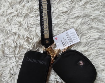 Lululemon Wristlet Dual Pouch Key Chain Black and Gold Wordmark New