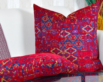 Red Geometric Kilim Pillow Cover: Moroccan Chenille Lumbar Cushion