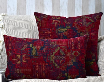 Housse de coussin kilim rouge bordeaux, coussin lombaire rouge, coussin tapis bohème, coussin kilim, taie d'oreiller kilim, housse de taie d'oreiller kilim euro / toutes les tailles