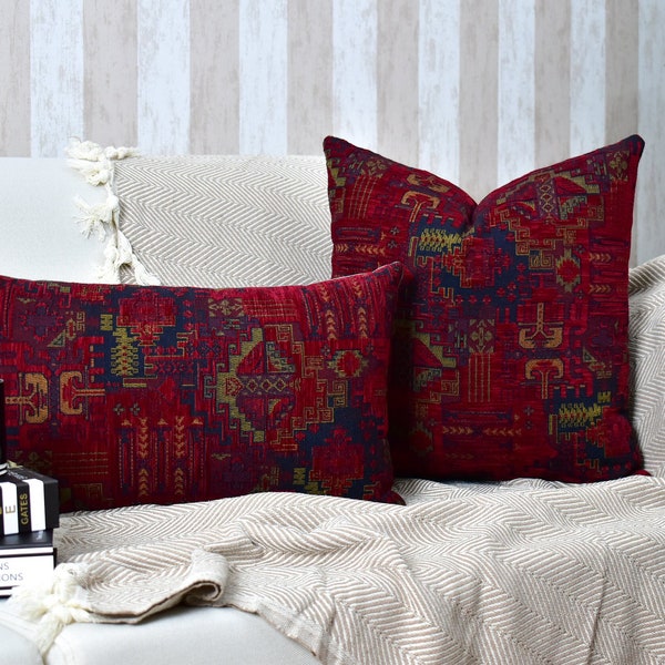 Copricuscino Kilim turco rosso scuro, cuscino lombare Euro Kilim rosso per camera da letto, cuscino Boho Kilim per divano, federa Kilim