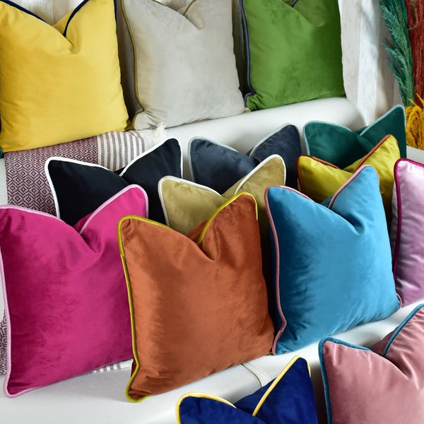 Luxury Velvet Pillow Cover with Piping, Velvet Throw Pillow Cover Any Size, Comfy Solid Pillow Cover, 24 colors piping options (Only Cover)