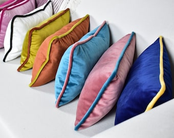 Velvet Lumbar Pillow Cover with Piping: Designer Couch Cushion
