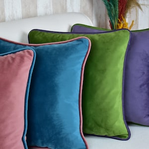 Contrast Velvet Pillow Cover with Piping • Any Size Euro Shams • Velvet Throw Pillow • Zipper Velvet Cushion Cover •• Designer Pillow Covers