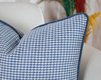 Geometric Piping Linen Pillow Cover, Blue White Cushion