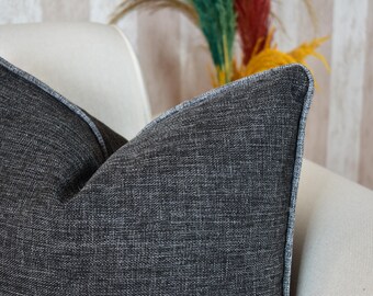 Black Linen Pillow Cover: Woven Throw Cushion with Piping